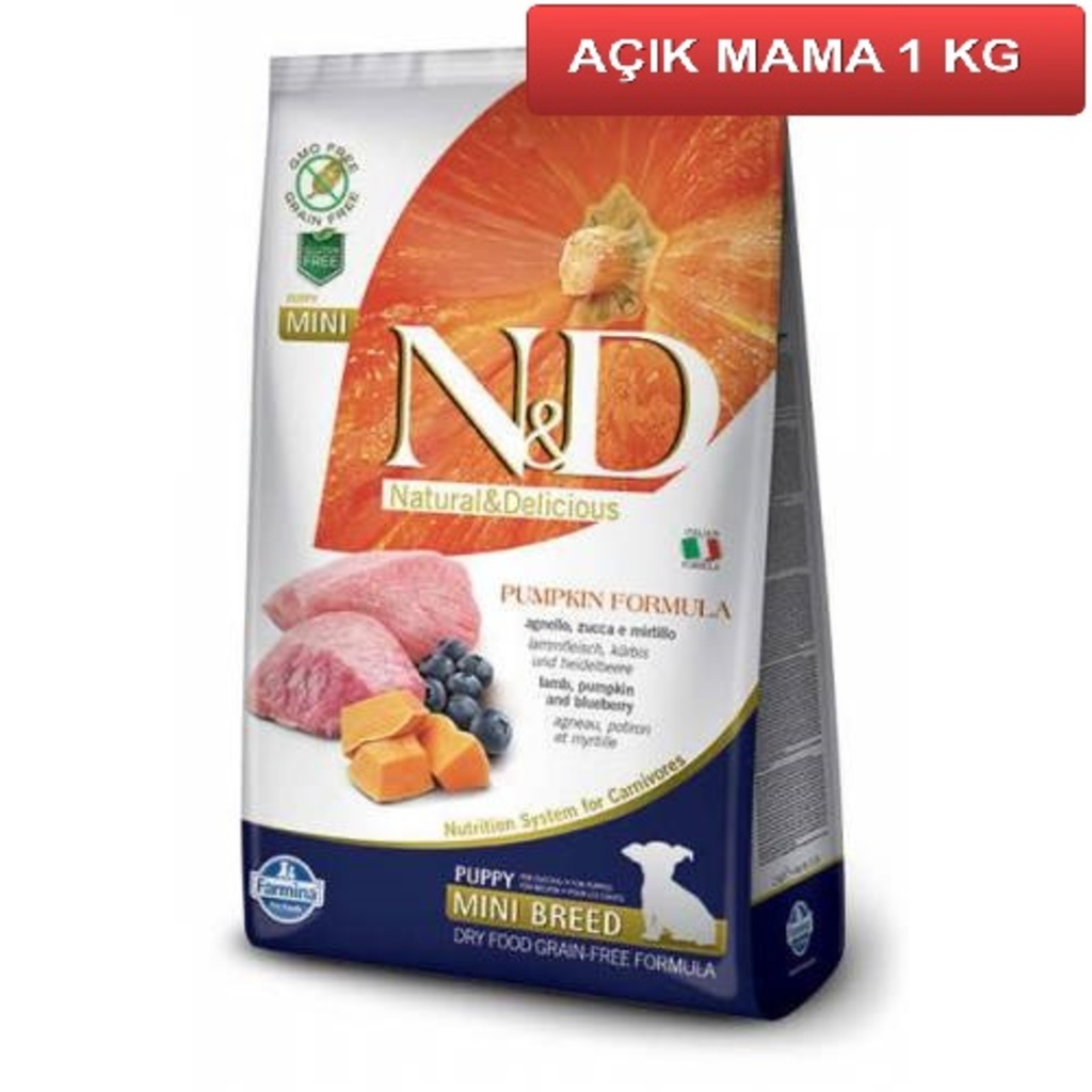 ND Tahılsız BalKabaklı Kuzulu Mini Yavru Köpek Maması 1 Kg AÇIK