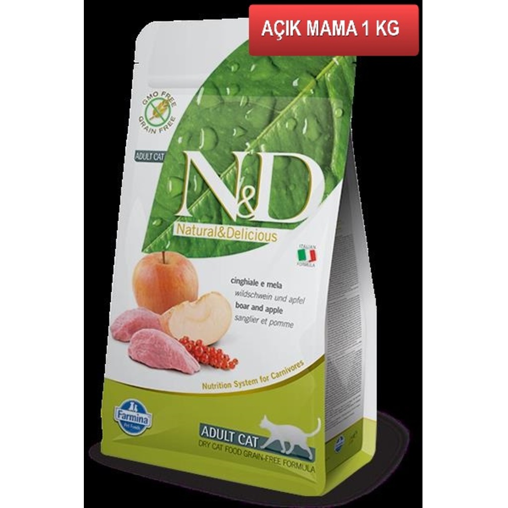 ND Tahılsız Yaban Domuzu Etli Elmalı Kedi Maması 1 Kg AÇIK