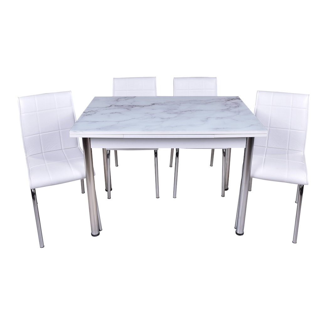 MUTFAK MASA TAKIMI CAM MASA+4 SANDALYE BEYAZ MERMER Fiyatları ve