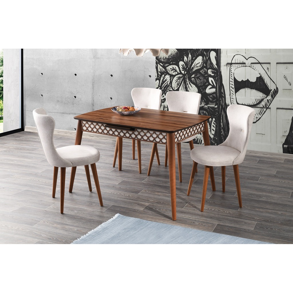 Ortadan Açılır Salon Yemek Masası CevizEkru + 4 Adet