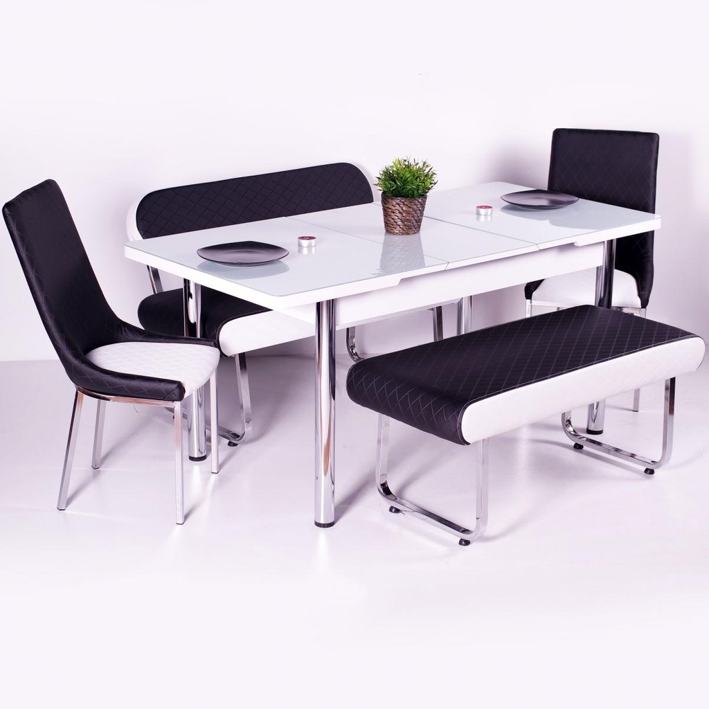 Siyah Beyaz Deri Masa Sandalye Bank Takımı Açılır Masalı Siyah Beyaz Deri Masa Sandalye Bank Takımı Açılır Masalı