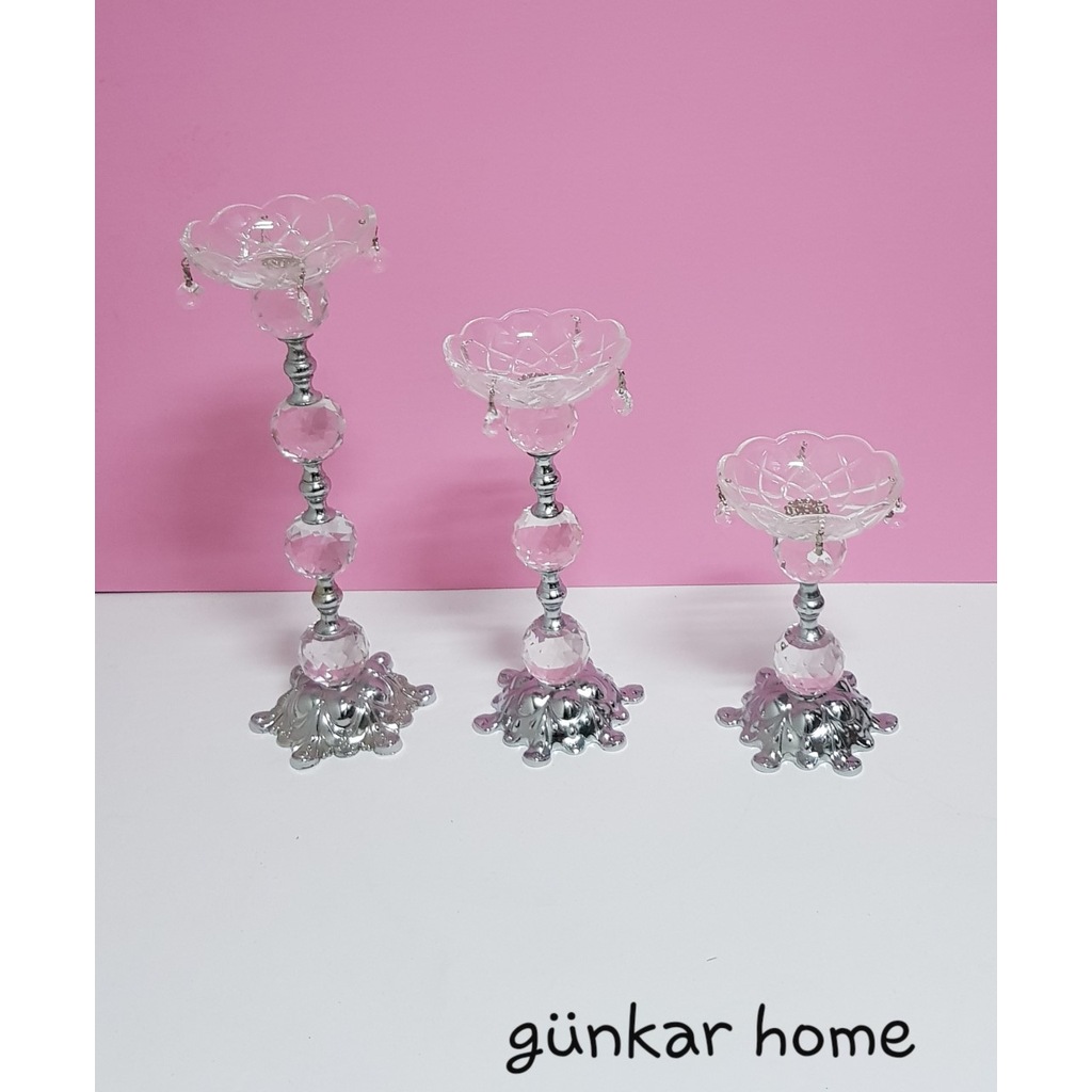 KIRİSTAL MUMLUK ŞAMDAN 3 BOY GÜMÜŞ