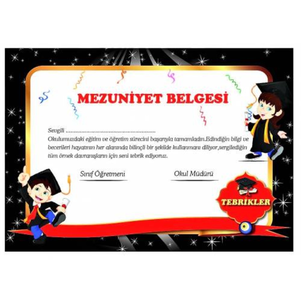 20 Adet Mezuniyet Belgesi Karne Yanında İlkokul Anaokulu Model 2