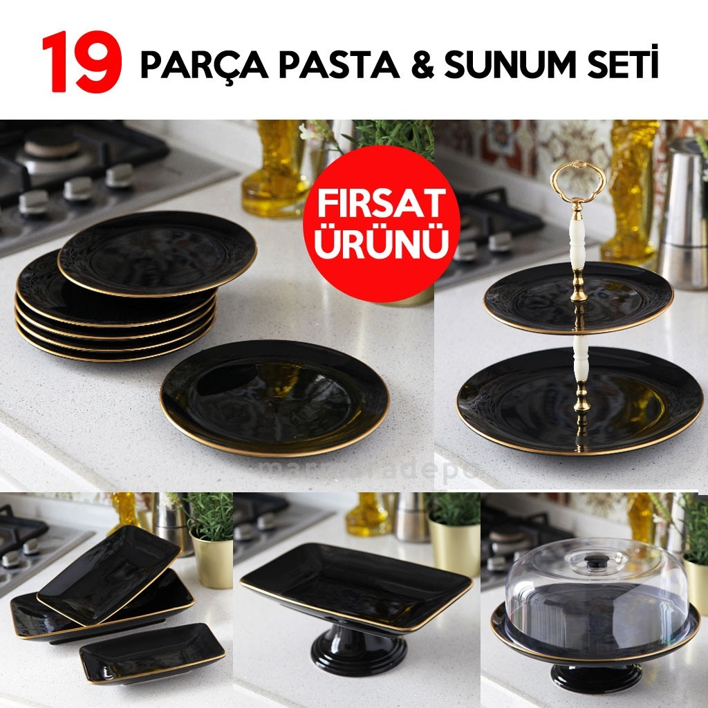 19 Parça Pasta Servis Sunum Seti Siyah Gold Fiyatları ve Özellikleri