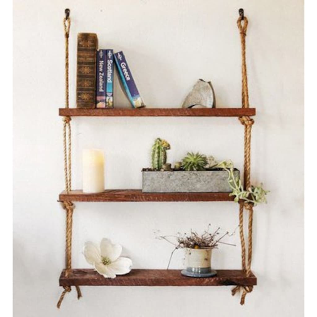 Ahşap Duvar Rafı, Retro Halatlı Raf, Kitaplık 75 Cm