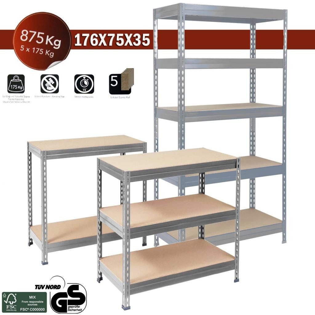 Metal Raf Sistemi Yük Rafı 5 Raflı 875kg 176X75X35 BD042