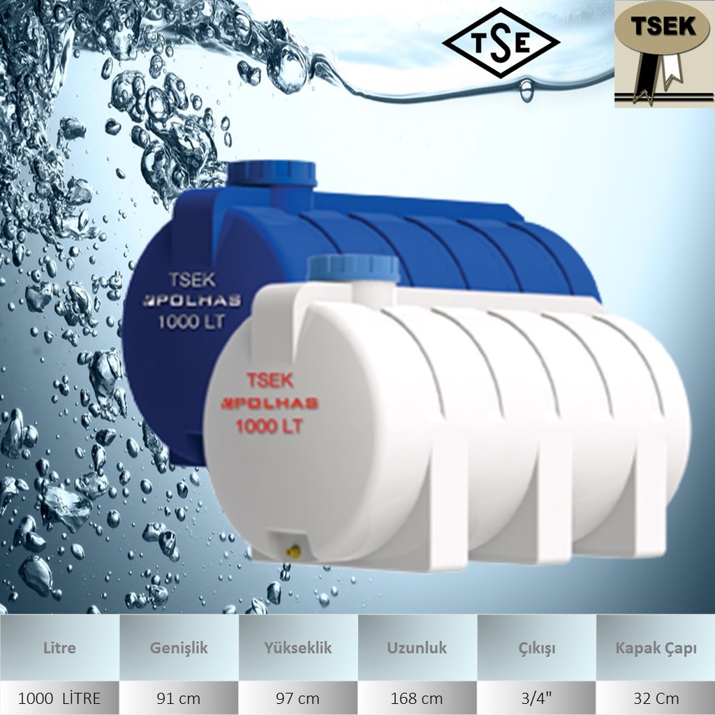 1000 lt/1 Tonluk Polietilen Plastik Su Deposu Yatay 3/4'' Polhas