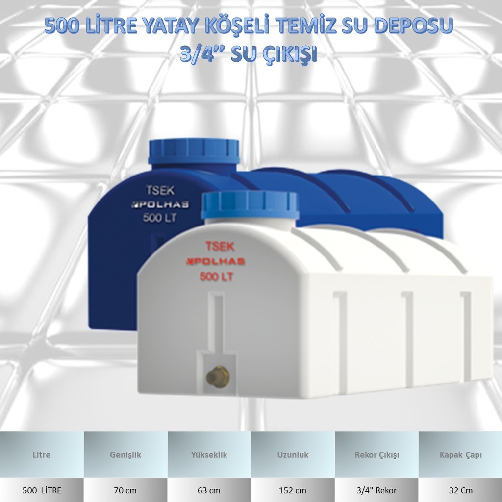 Mavi & Beyaz Renk 500 lt Su Deposu Polietilen Yatay Köşeli 3/4''
