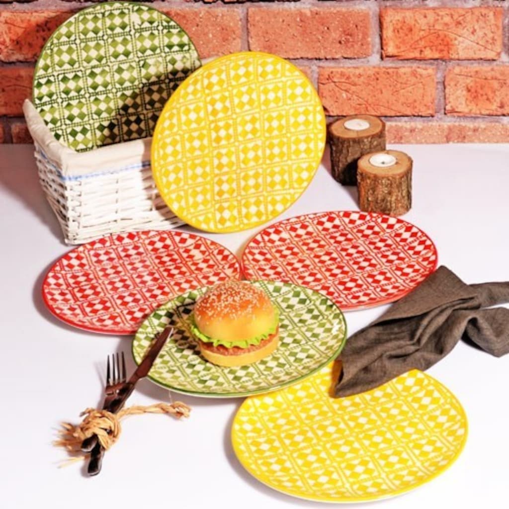 6lı Seramik Renkli Ekose Dörtgen Desen Pasta Tabağı 21Cm Fiyatları ve