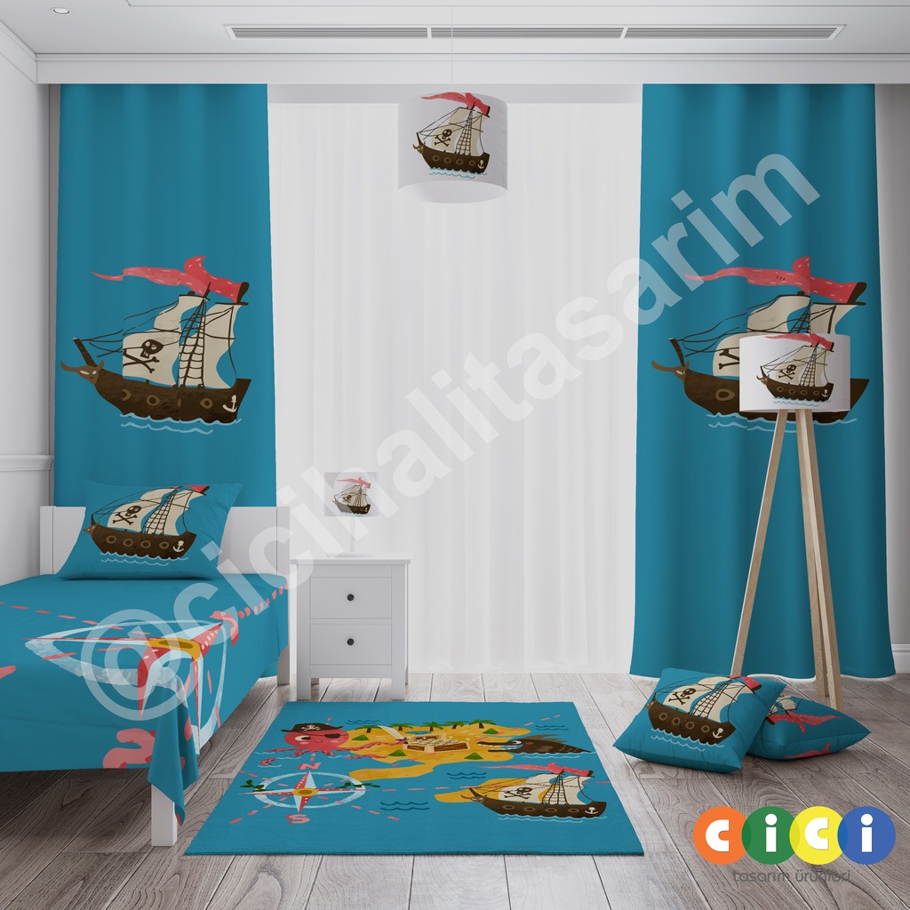 Cici Cocuk Odasi Mavi Zemin Uzerinde Korsan Gemisi Yatak Ortusu Fiyatlari Ve Ozellikleri