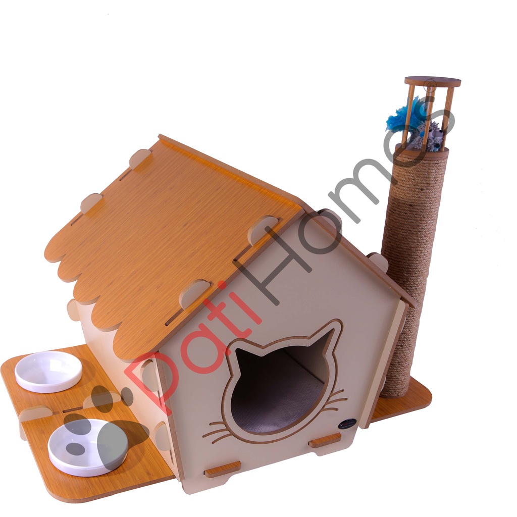 3ü 1 Arada Kedi Evi Tırmalama Mama Kaplı 2018 Modüler Tasarım