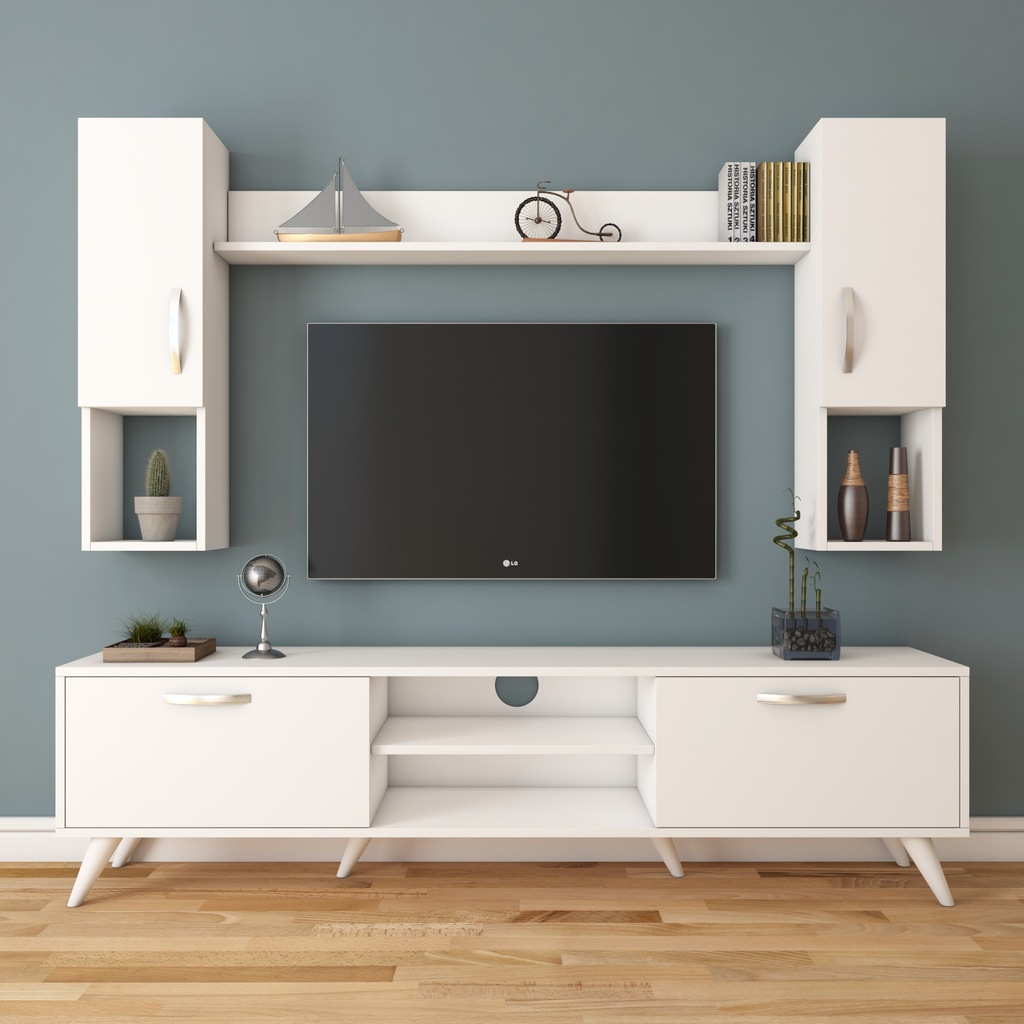 Rani A9 Duvar Raflı Tv Ünitesi Kitaplıklı Tv Sehpası Beyaz M27