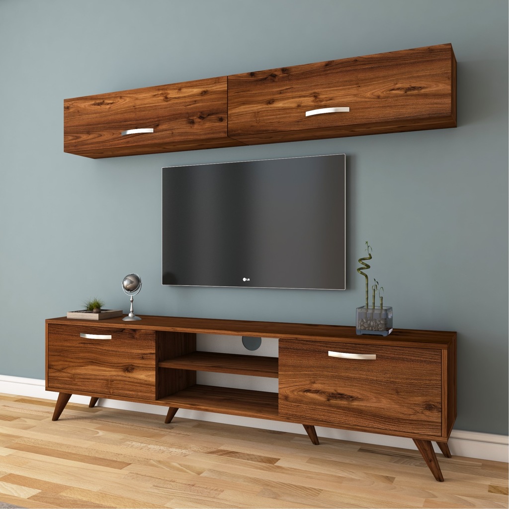 Rani A9 Duvar Raflı Tv Ünitesi Kitaplıklı Tv Sehpası Ceviz