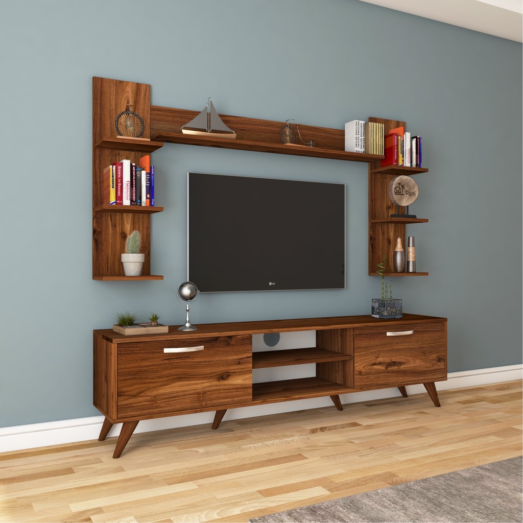 Rani A9 Duvar Raflı Tv Ünitesi Kitaplıklı Tv Sehpası Ceviz M23