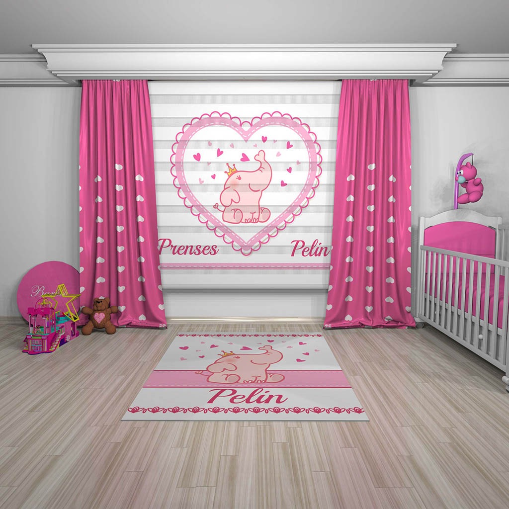 isimli fil desenli baskili kiz bebek odasi perde hali kombin fiyatlari ve ozellikleri