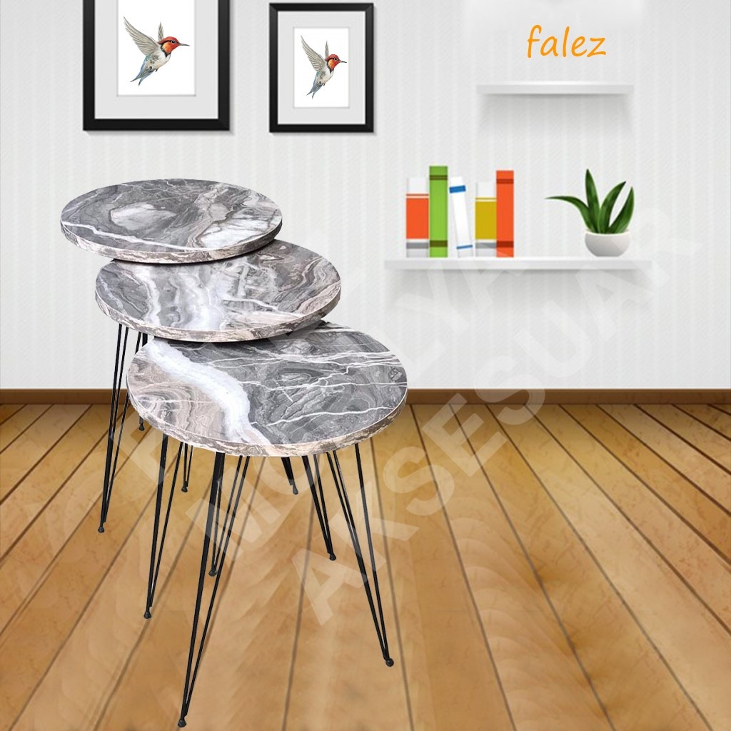 Zigon Sehpa Metal Ayak 3lü Servis Sehpası Mermer Desen