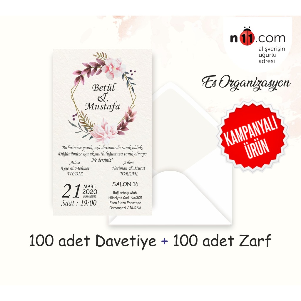 Düğün Nişan Davetiyesi 100 adet