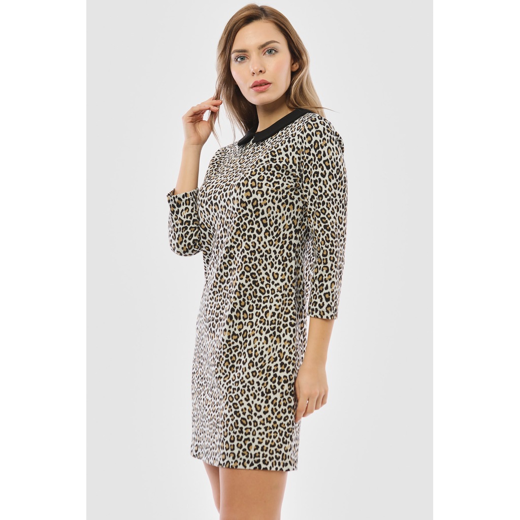 Bianco Lucci Bebe Yaka Fakir Kol Kadın Mini Leopar Elbise