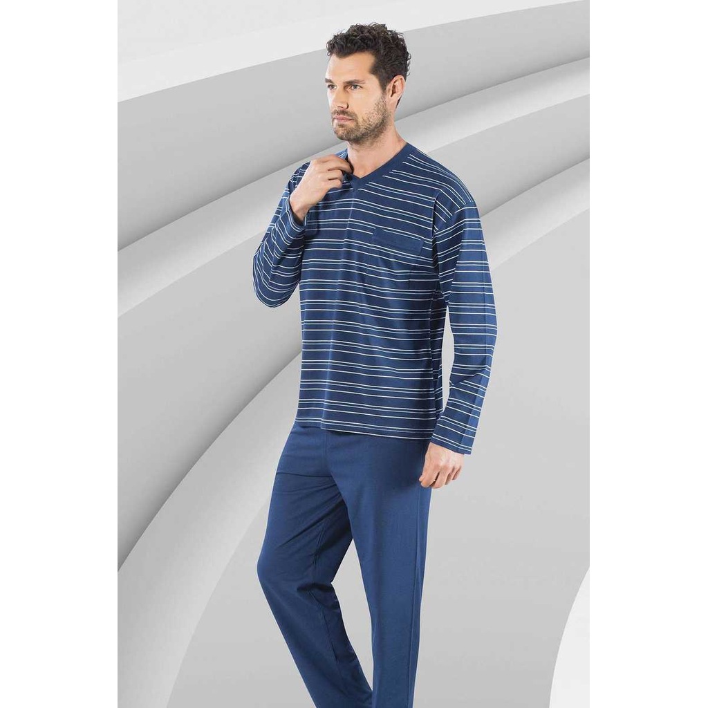 Erkek Mavi Pamuk Karisimli Cizgili Pijama Takimi T07001571 Marks Spencer