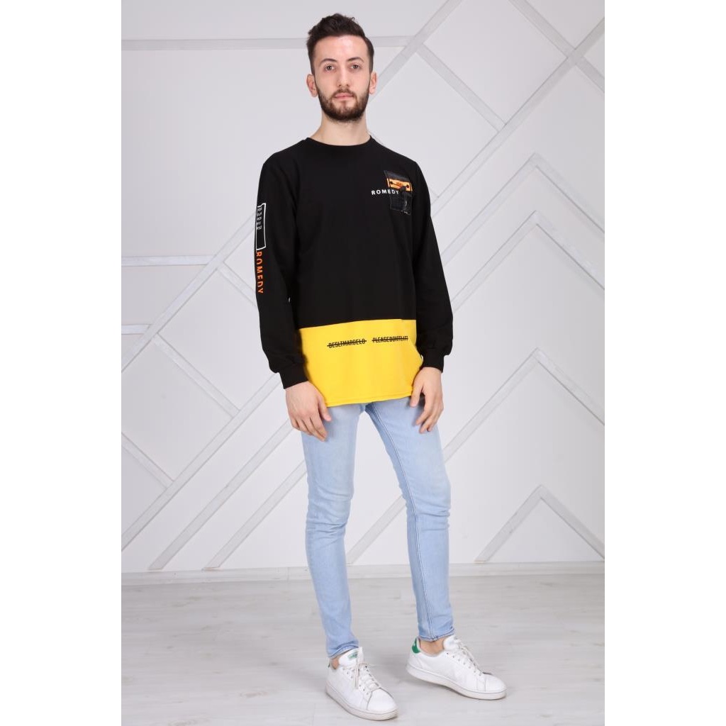 Erkek Kapusonlu Onu Yazili Parcali Sari Sweatshirt 33780