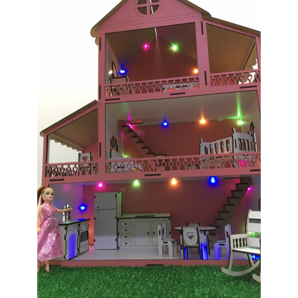 Işıklı Bahçeli Ahşap Barbi Bebek Oyun Evi Eşyalar Dahil HEDİYELİ