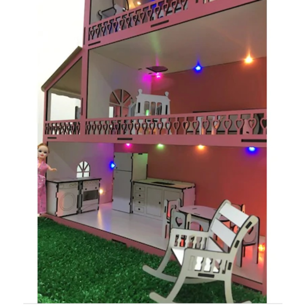 Işıklı Bahçeli Ahşap Barbi Bebek Oyun Evi Eşyalar Dahil HEDİYELİ