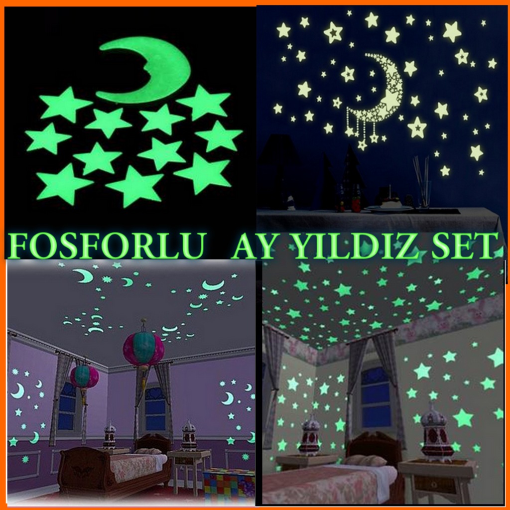 100 Adet Fosforlu Tavan Duvar Süsleri Ay Yıldız Gezegen Güneş Set