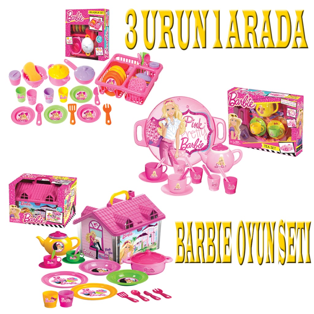 Barbie Oyun Seti 3in1 Barbi Oyuncak Bulaşık Çay Ev Set