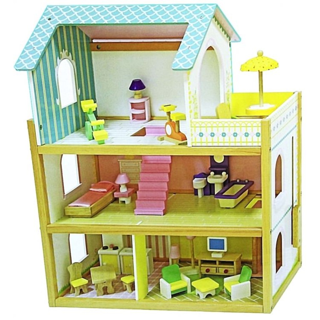 Mentari 3 Katlı Ahşap Oyuncak Bebek Çocuk Evi