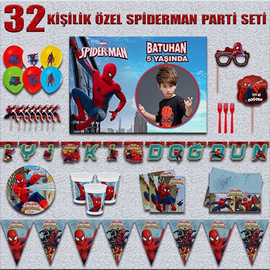 AFİŞLİ ÖRÜMCEK ADAM SPİDERMAN DOĞUM GÜNÜ PARTİ SETİ 32 KİŞİLİK