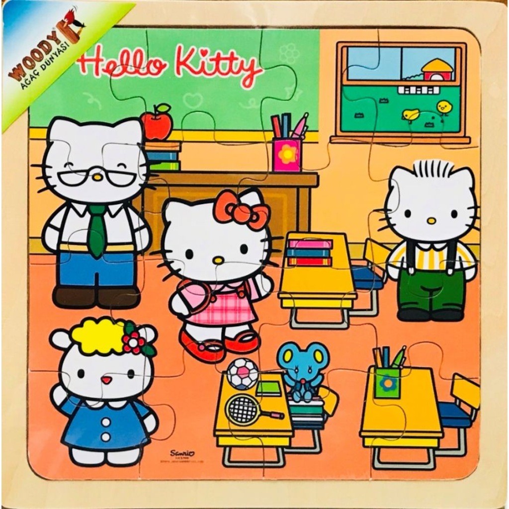 Kız Çocuk Hello Kitty Okulda 16 Parça Tahta Kare Yapboz (25x25 cm