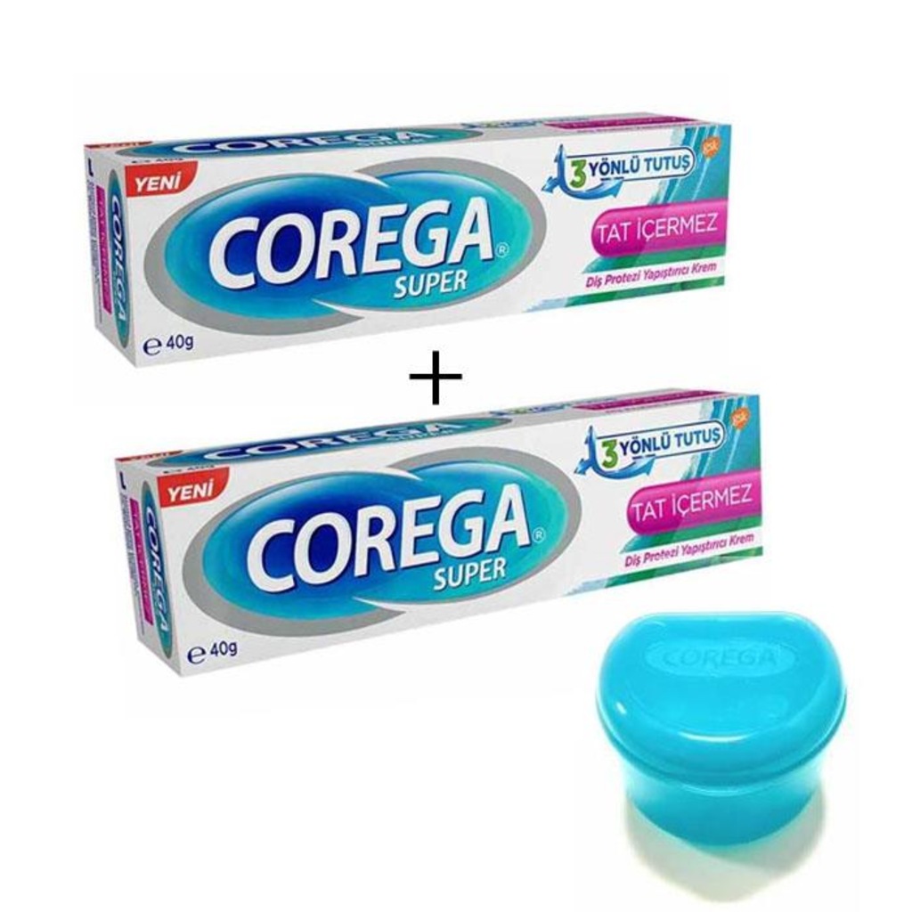 Corega Yapıştırıcı Krem 40gr Tat İçermez 2 Adet + Protez Kabı Hed