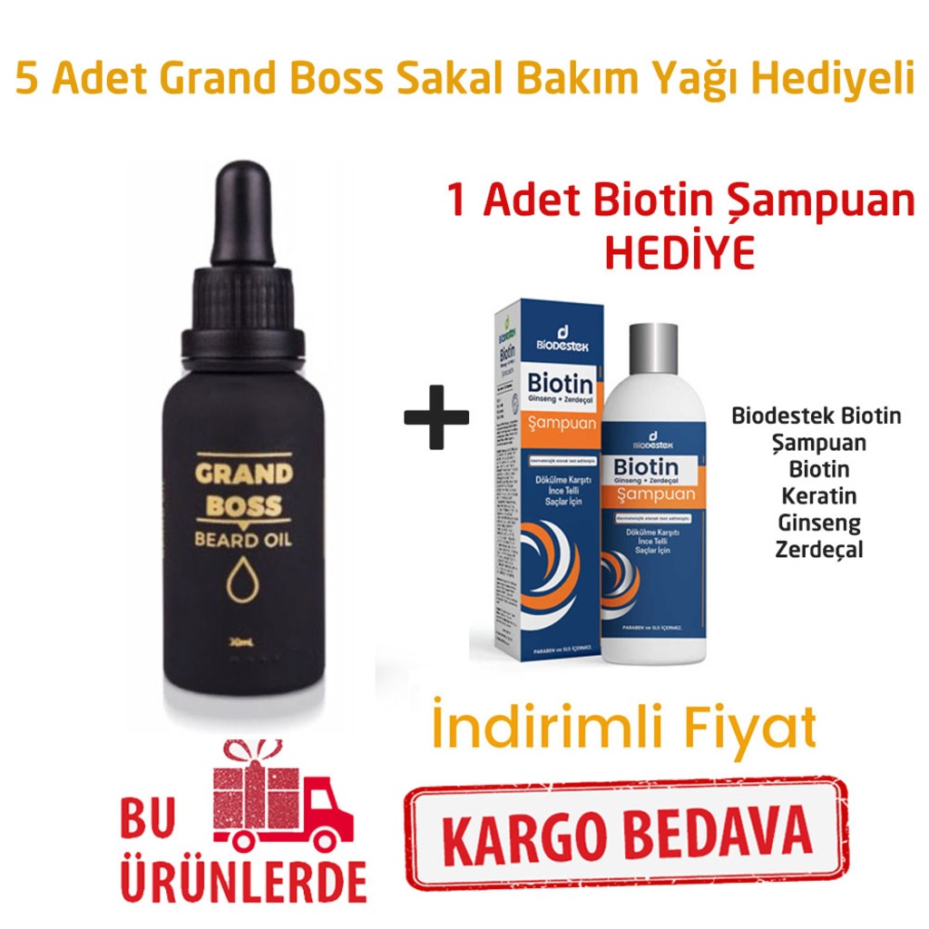 5 Adet Grand Boss Sakal Bakım Yağı + 1 Adet Biotin Şampuan Hediye