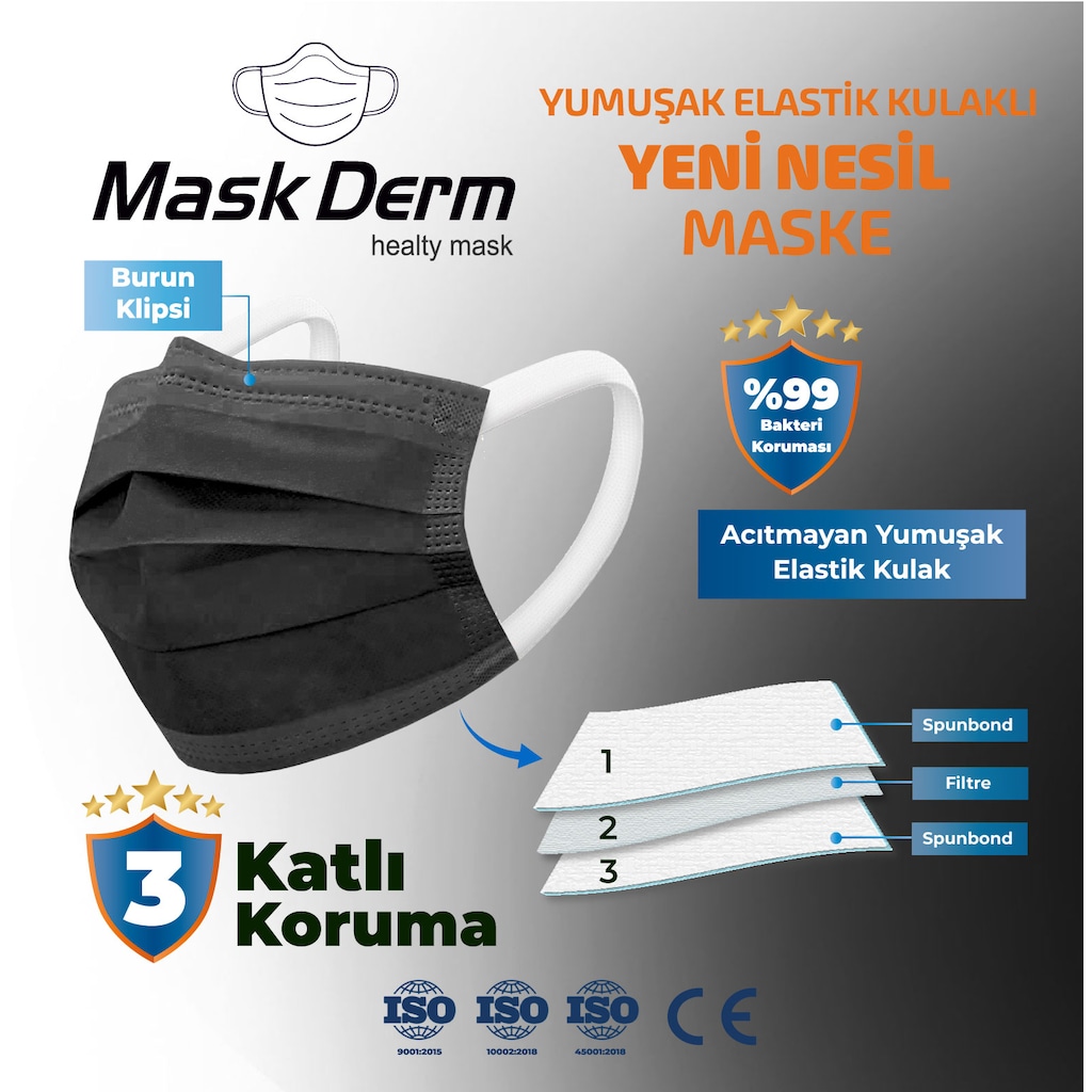 Mask Derm Yumusak Elastik Kulakli Cerrahi Maske 100 Adet Siyah Fiyatlari Ve Ozellikleri