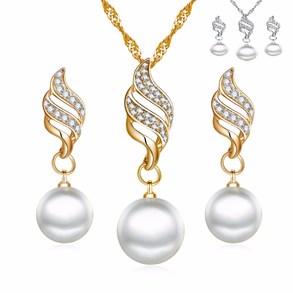 İNCİ TAKI SETİ KOLYE, KÜPE ZİRKON TAŞLI ALTIN KAPLAMA SET