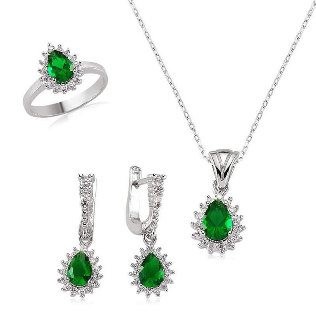 Damla Yeşil Taşlı Kolye Küpe ve Yüzük Üçlü Gümüş Set set03