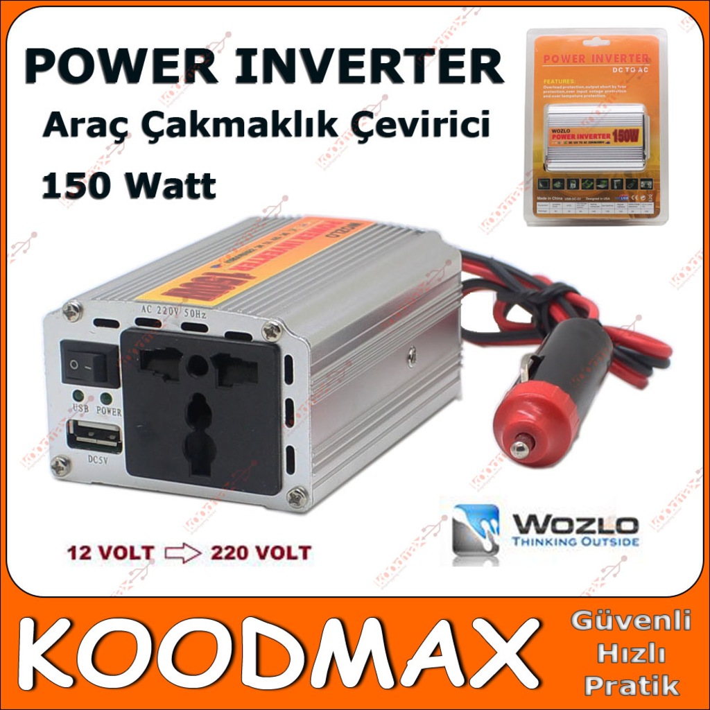 Power Inverter 150 Watt Araç OtoÇakmaklık 12V220V Çevirici Wozlo