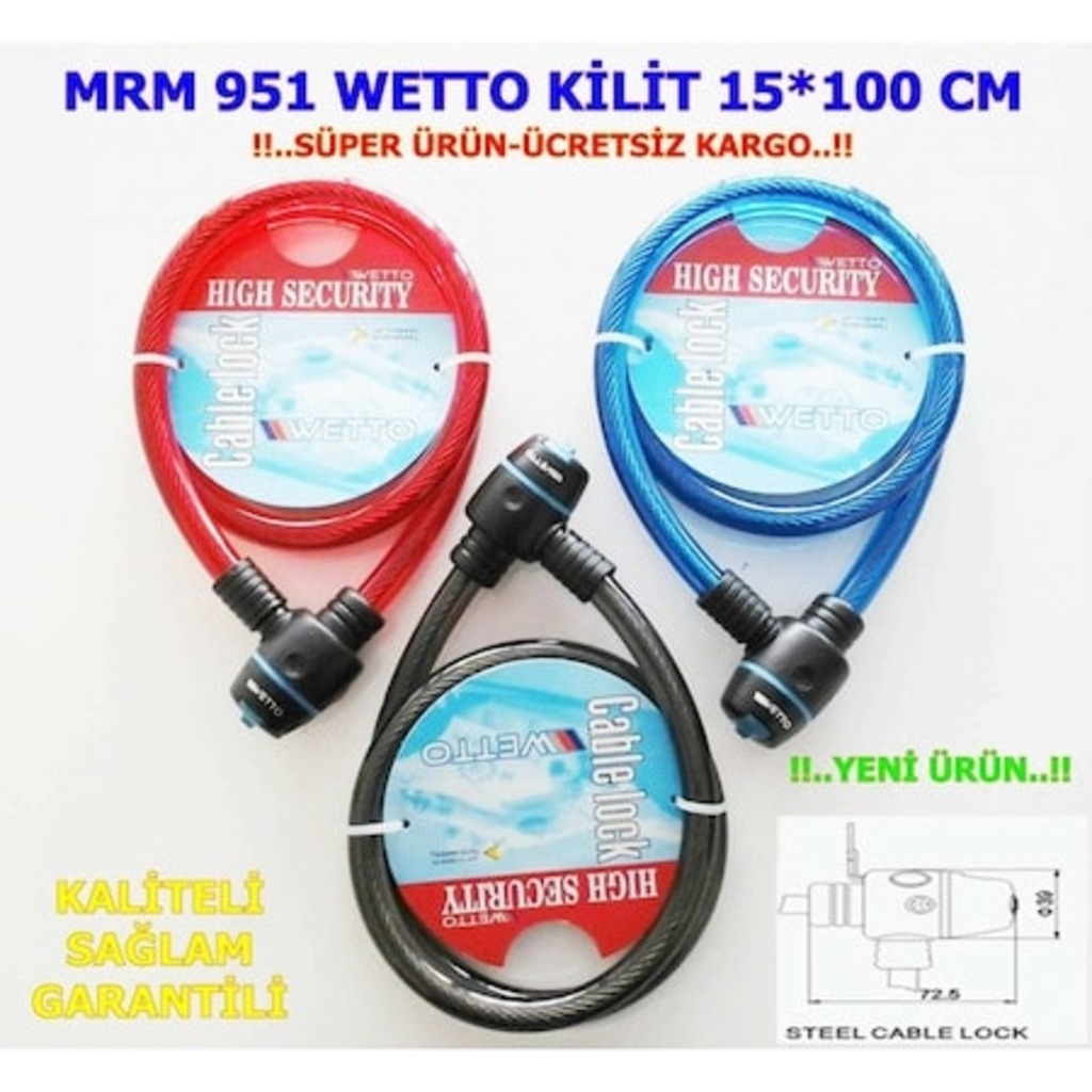 Wetto 15*100 Cm 2 Anahtarlı Çelik Bisiklet Kilidi Kilit