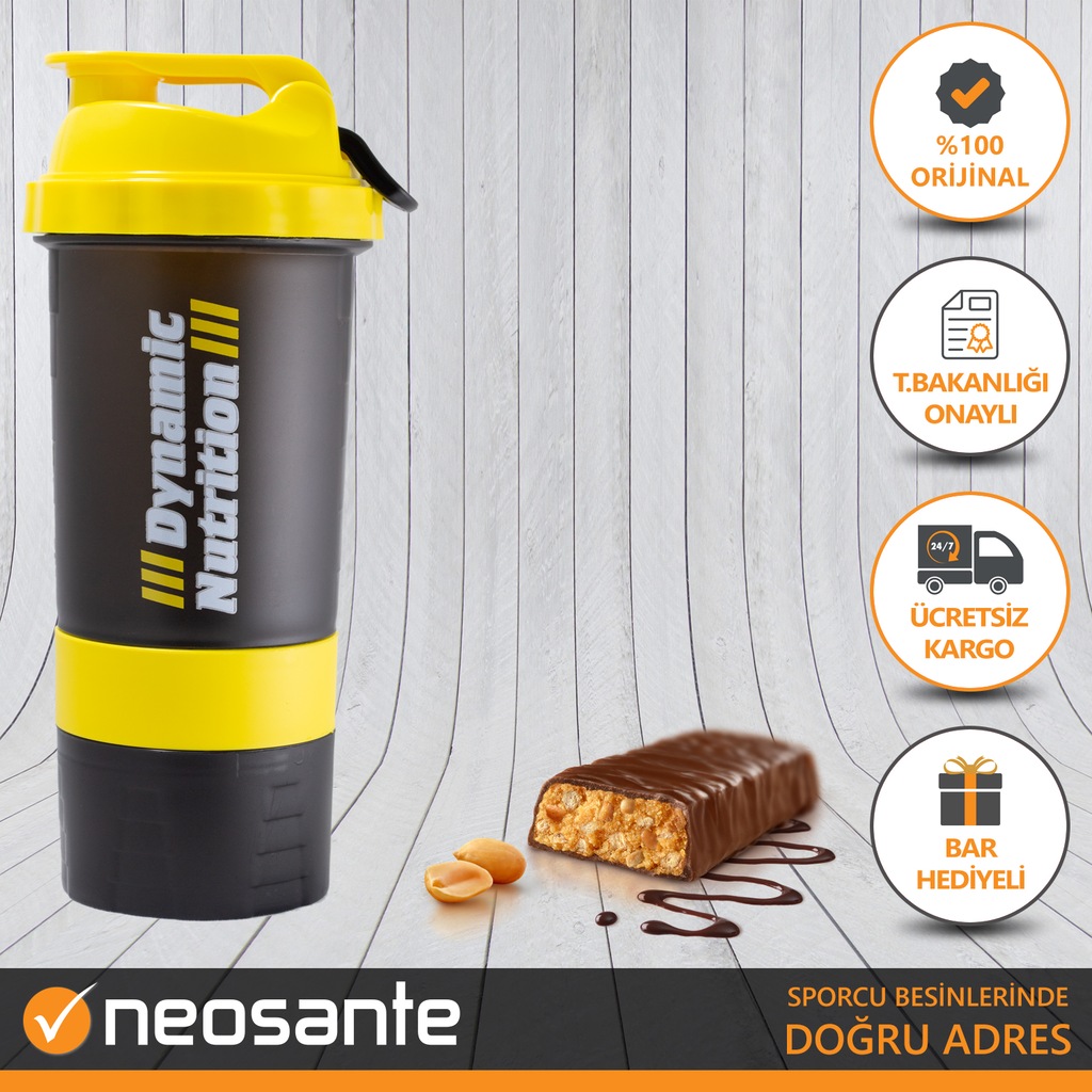 Dynamic 3 Hazneli Shaker 500 ml (Siyah-Sarı) + Bar + Kargo Bedava