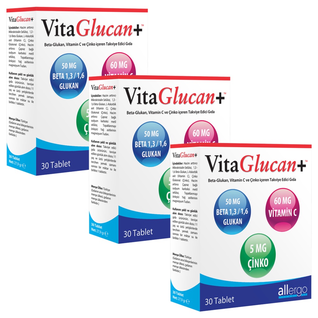 3 Adet VitaGlucan+ 30 Tablet | Beta Glukan + Vitamin C + Çinko