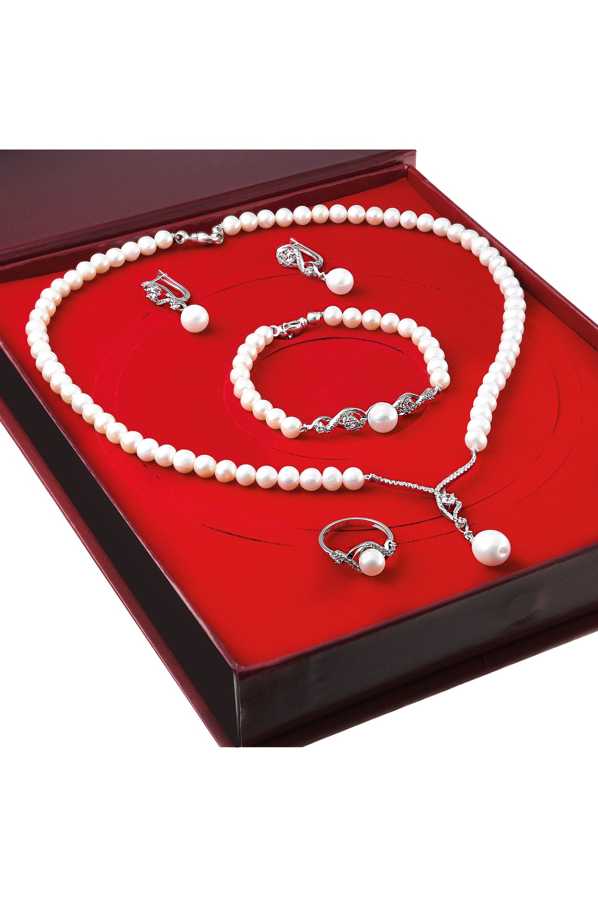 Chavin İnci Gümüş Kolye Küpe Bileklik Yüzük Takım Set ds41