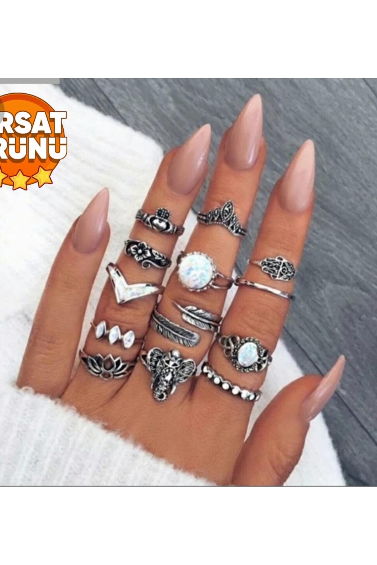 Eklem yüzük seti sedef taşlı beyaz 12'li set Antik retro