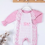 3-9 Ay Kız Bebek Tulumu Gofra Fransız Güpürlü Pembe Pembe