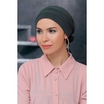 Haki Pratik Hazır Geçmeli Tesettür Bone Sandy Kumaş Pileli Nervür