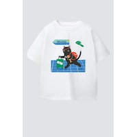 Monila Unisex Çocuk Pamuklu Kedi Baskılı T-shirt Ekru Monila Unisex Çocuk Pamuklu Kedi Baskılı T-shirt Ekru