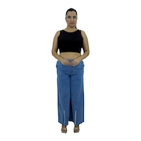 Büyük Beden Denim Taşlı Bol Paça Detaylı Kadın Pantolon Mavi Büyük Beden Denim Taşlı Bol Paça Detaylı Kadın Pantolon Mavi