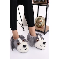 Wordex Hayvanlı H10 Köpekli Kışlık Kadın Erkek Çocuk Panduf Ev Içi Sessiz Taban Panduf Gri