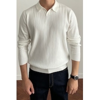 Cool Tarz Erkek Polo Yaka Triko Kazak Slim Fit Fitilli Beyaz Cool Tarz Erkek Polo Yaka Triko Kazak Slim Fit Fitilli Beyaz
