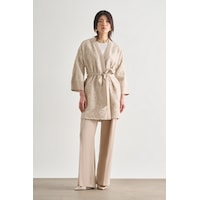 Desenli Mizalle Örgü Nakışlı Bej Rengi Premium Kimono Ceket Bej