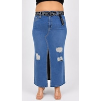 Büyük Beden Denim Kemerli Yırtmaçlı Kalem Etek Mavi Büyük Beden Denim Kemerli Yırtmaçlı Kalem Etek Mavi